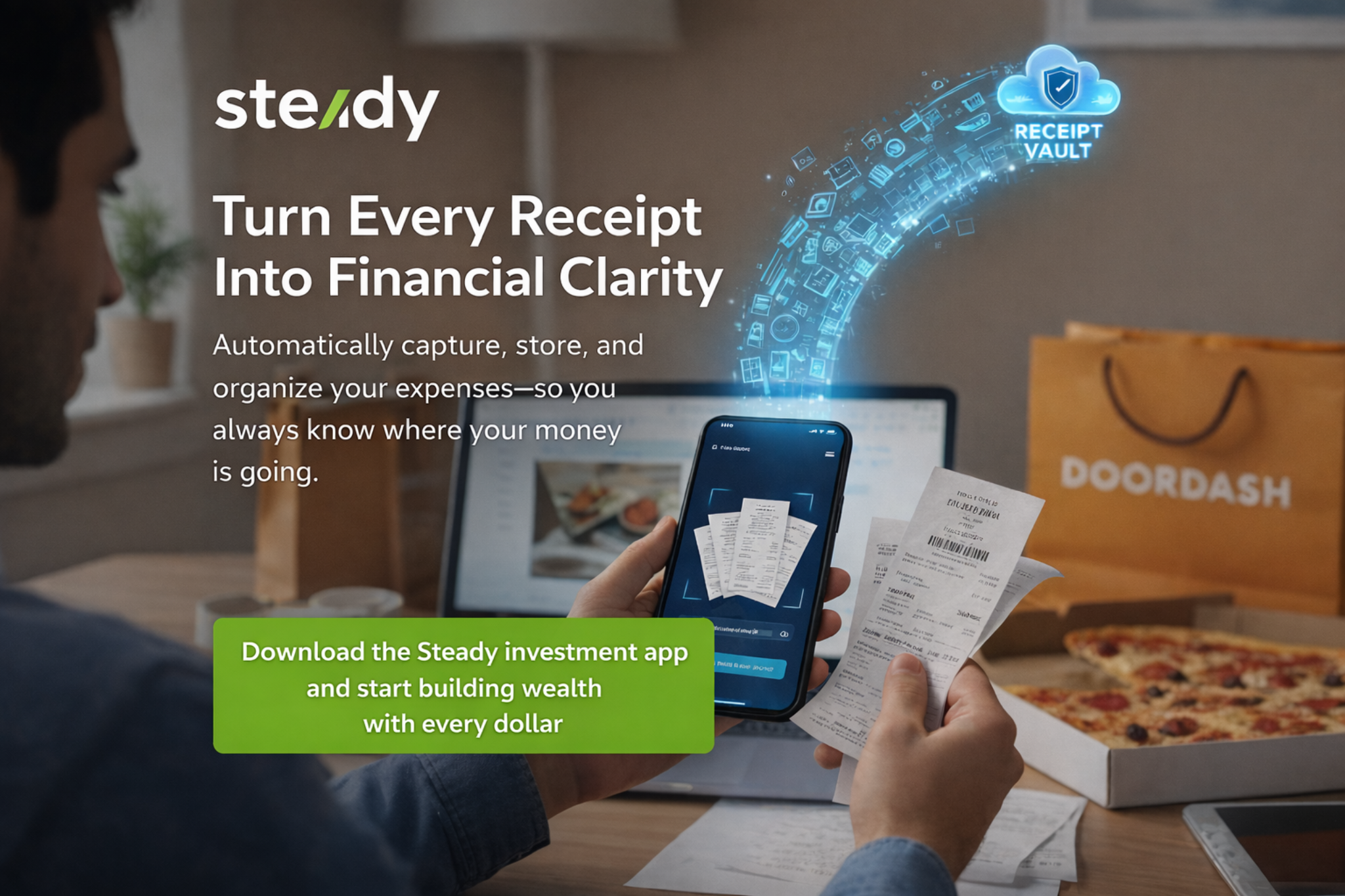 Steady receipt vault image showing receipt scanning and expense organization