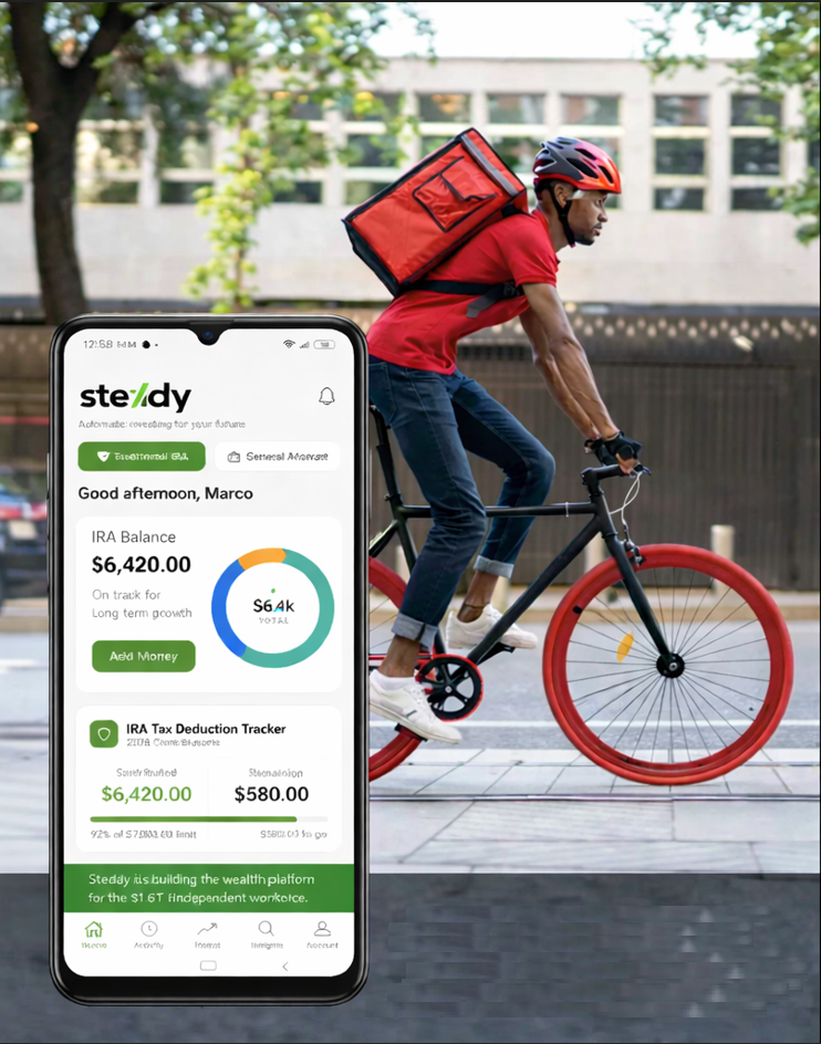 Independent worker on a bike with the Steady app screen