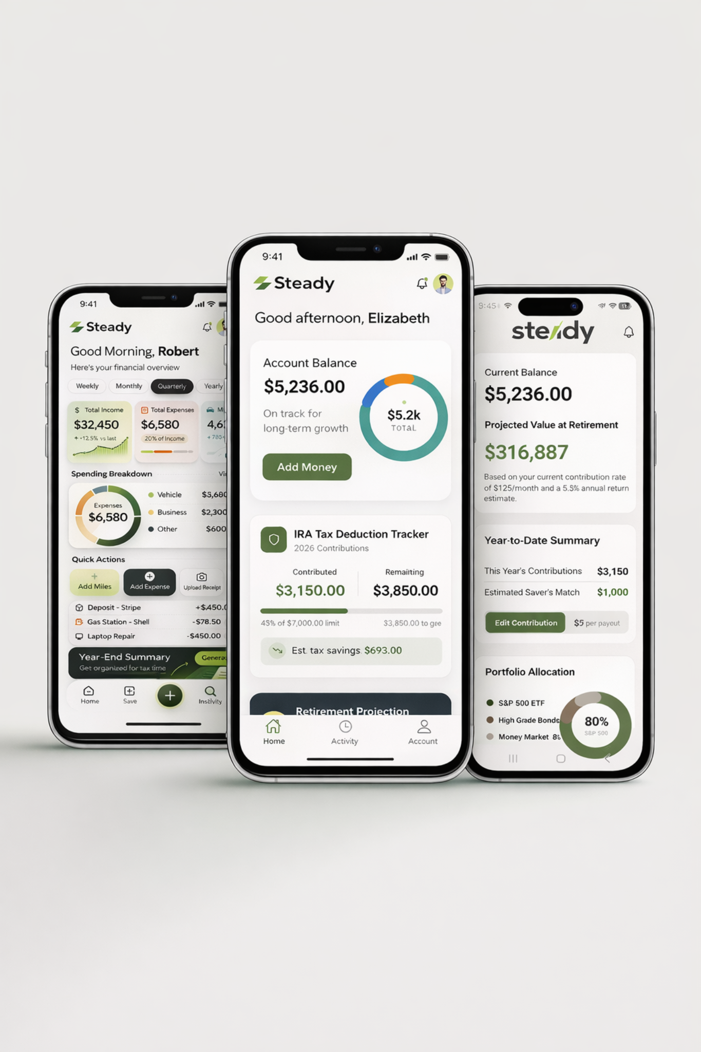 Three Steady app screens showing balances, IRA tracking, and retirement projections