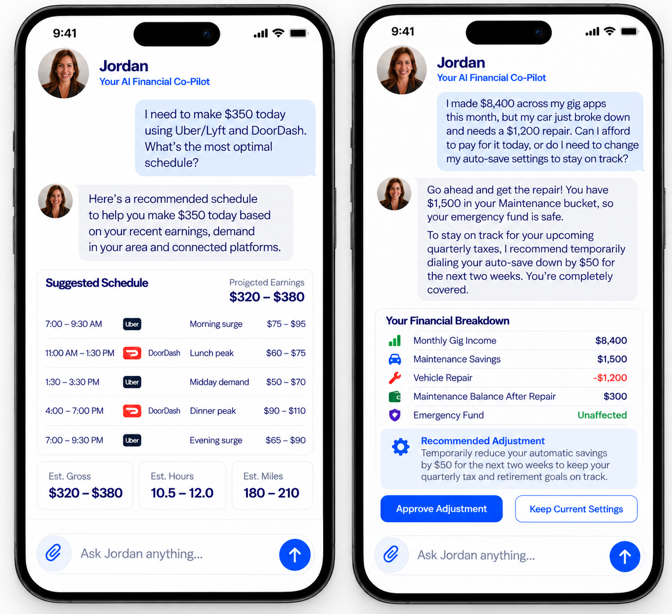 Two matching Jordan AI Financial Co-Pilot phone screens: an optimized $350 gig earnings schedule and a $1,200 car repair financial decision with an approval option